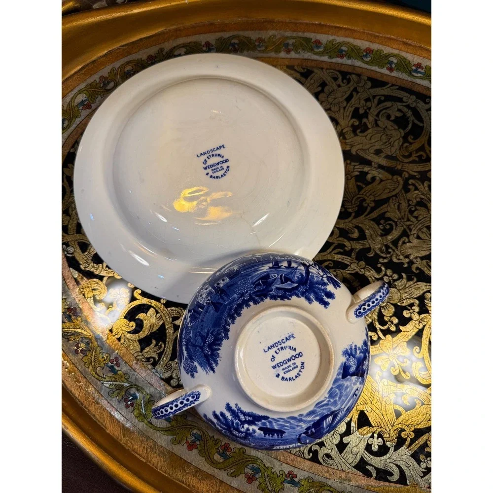 Wedgwood Landscape of Etruria Blue Transferware Saucer & Double-Handled Bowl‎